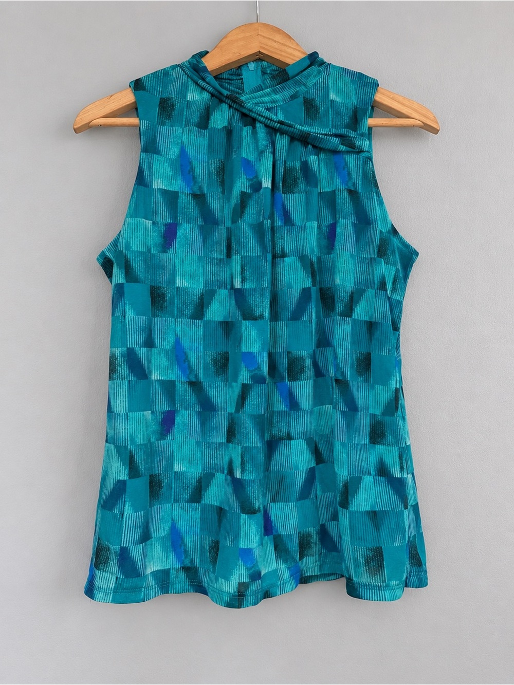Worthington Women’s Large Teal Blue Geometric Twist Neck Sleeveless Blouse